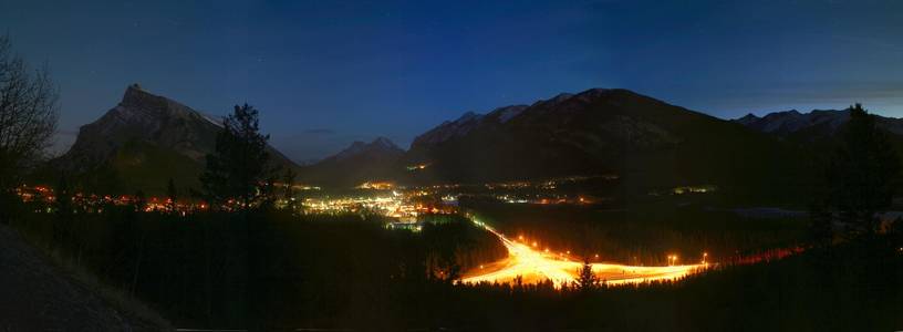 Panorama: Town of Banff, Alberta by night