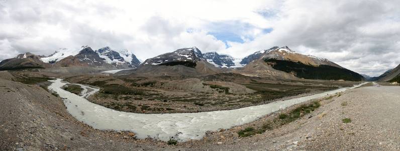 Panorama: Athabasca Glacier and river