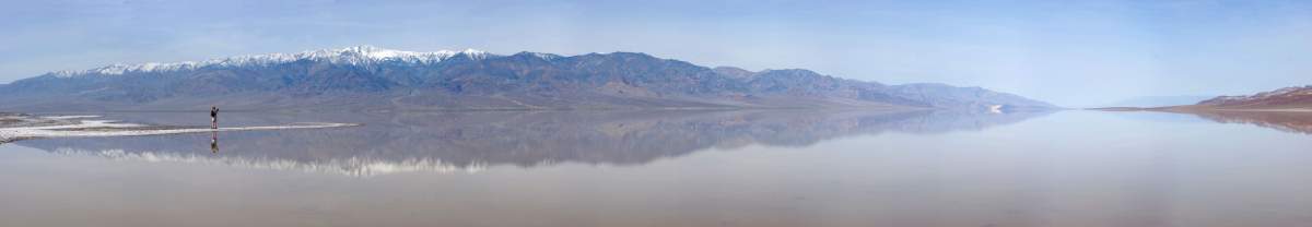 Panorama: Lake Badwater, Death Valley, with Kathryn and Panamint mountains