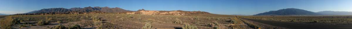 Panorama: Dunes of Death Valley with wildflowers