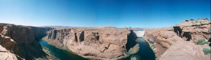 Panorama: Colorado River below Glen Canyon Dam and Lake Powell