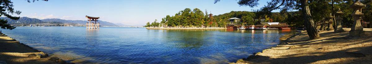 Panorama: The floating Torri at Miyajima, near Hiroshima, Japan