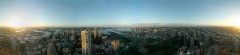 Panorama: Sydney Tower 360 degree view at sunset