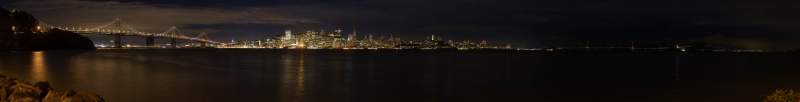 Panorama: San Francisco at night, from bay bridge to Marin, from Treasure Island