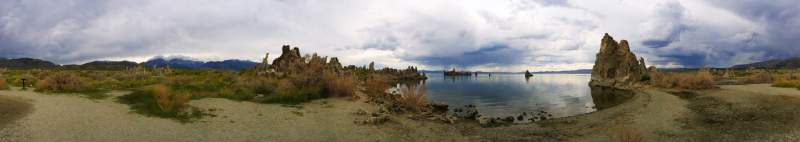 Panorama: The tufas at Mono Lake, California during a rainstorm.