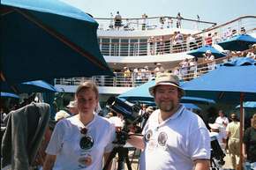 Here we pose with my new portable telescope prior to the eclipse.  We're on the aft deck.
