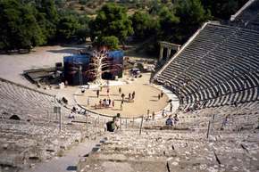 A wide shot of the amphitheatre at Epidarius.   It's still in use today.  The acoustics are tremendous.   
