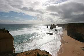 The famous 12 apostles.  Well, some of them.  One of them (foreground) crashed to the ground in July 2005.  Victoria's signature landmark, seen here with the setting sun behind it.  Check also the panoramas