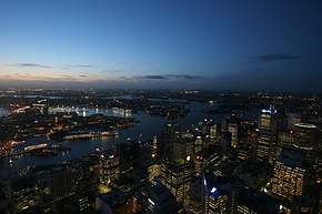 Darling Harbour and downtown at sunset
