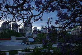 Sun sets over downtown seen from the east
