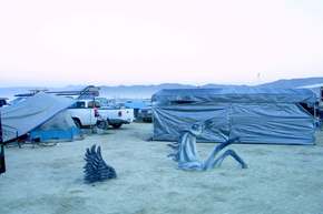 A pegasus rises from the playa in a camp in the interior, at sunset.