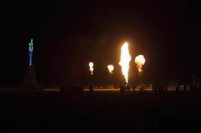 Flame throwers shoot in the air before the burn.