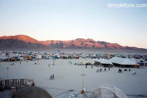 A tower view of center camp and the Cafe Temps Perdue at sunset.   I love sunset on the mountains around the Black Rock Desert.