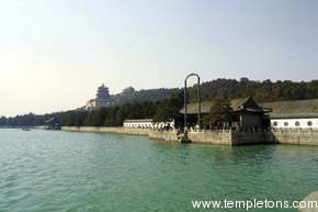 Buildings along the lake at summer palace, with temple in background
