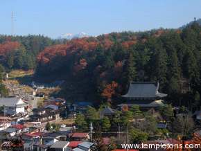 Snowy mountains backdrop this temple in the hills above Takayama