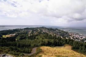 The town of Astoria, and the bridge, from the top of Astoria Column.  See also the panorama.