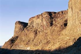 Basalt formations on the cliffs of Cove Palisades State Park, where the Crooked River, Dechutes and Metolius rivers join and their gorges are flooded in a reservoir.