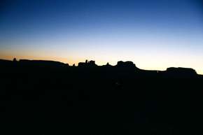 Well after sunset, leaving the valley, the buttes make a great silhouette