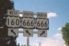 The highway of the beast.  The antichrist gets his kicks on route 666.   Once we got on 666 I thought it would be cute to photograph a sign.  There wasn't a single sign on the entire 70 miles of the highway we drove.  They must be constantly stolen.  The only signs I found were in towns on the roads leading to the highway, like this one, but if you were on the road you would not be able to find out which one it was.